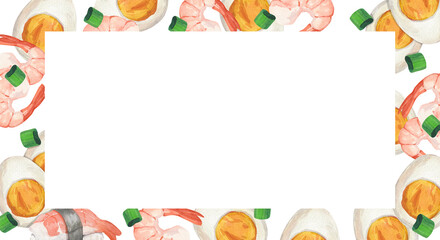 Frame with chicken eggs and sushi