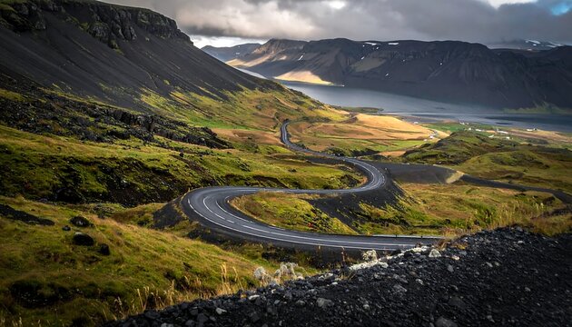 Winding road traversing a vibrant green landscape with contrasting dark rocky slopes leading toward a distant serene lake under a clouded sky - Powered by Adobe