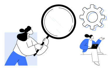 Woman holding magnifying glass, analyzing details another working on laptop beside large gear. Ideal for analysis, teamwork, problem-solving, research, technology, data insights, and collaboration