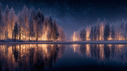 Beautiful winter landscape of a frozen lake with a frozen forest in the background. Night scene with sparkling stars and forest decorated with glowing Christmas lights, creating a serene and magical a