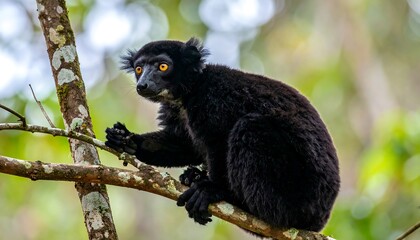 Obraz premium A curious primate with dark fur and striking amber eyes perches on a tree branch, looking attentively. The backdrop consists of blurred foliage