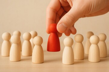 Hand Selecting Unique Red Figure Among Multiple Wooden Figures Symbolizing Leadership and Differentiation