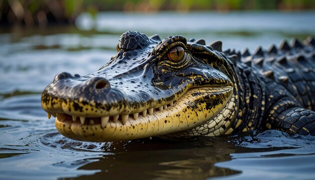 A close-up shot of an alligator in a murky, natural water environment