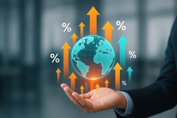 Digital Globe with Growth Arrows and Percent Symbols Representing Global Economy and Business Trends
