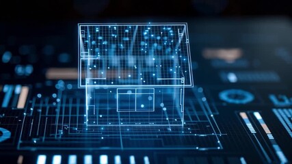 Digital mortgage process concept featuring futuristic house hologram and data interface, showcasing innovation and technology in real estate finance - Powered by Adobe