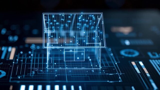Digital mortgage process concept featuring futuristic house hologram and data interface, showcasing innovation and technology in real estate finance