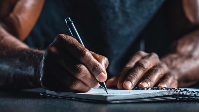 Sports psychology training concept with athlete writing in notebook for mental preparation, motivation, tracking goals, and enhancing performance