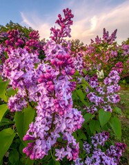 Obraz premium Close-up of vibrant purple lilac blossoms against a soft sunset