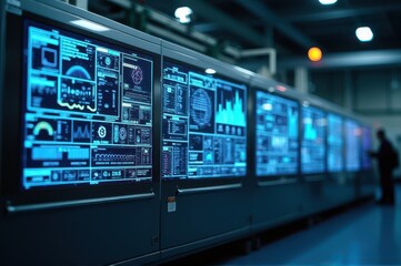 row of screens in modern control room displaying complex information and analytics. operator monitors system. technology, big data, and cybersecurity concept.