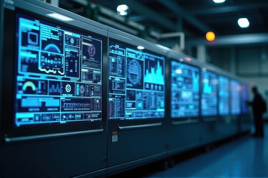 row of screens in modern control room displaying complex information and analytics. operator monitors system. technology, big data, and cybersecurity concept.