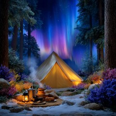 A tent on the shore of a lake in a winter forestю. Generative AI