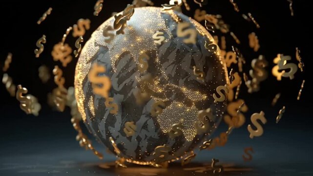 Cross Border Investment Concept Featuring Glowing World Map, Floating Gold Dollar Symbols, Global Finance, Economic Growth, International Finance