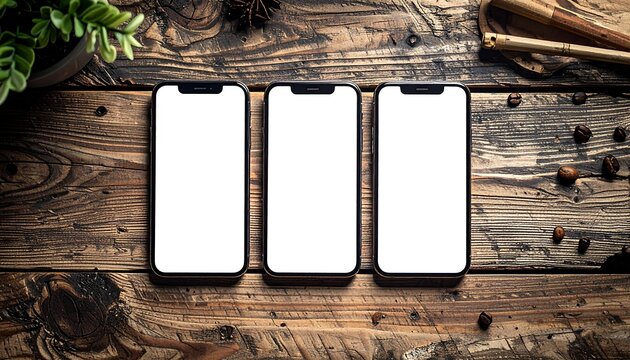Three smartphones with blank screens arranged on a rustic wooden table, alongside coffee beans, foliage, and utensils