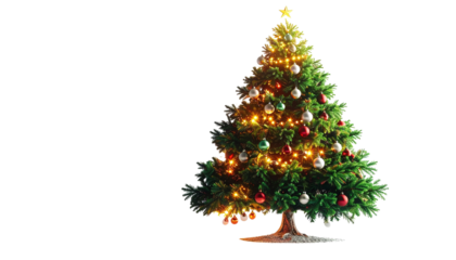 Surreal Christmas tree, beautifully decorated, with glowing ornaments, isolated on transparent background.
