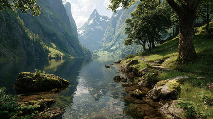 romantic summer landscape with river and mountains