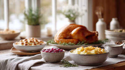 Festive feast featuring a golden roasted turkey centerpiece and delectable sides. Captures the warmth  abundance of a shared holiday meal. Perfect for lifestyle, food.
