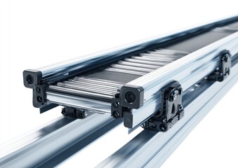 Close-up of a metal conveyor system.  Components like rollers, supports, and fasteners are visible.  The system appears industrial, precise, and efficient