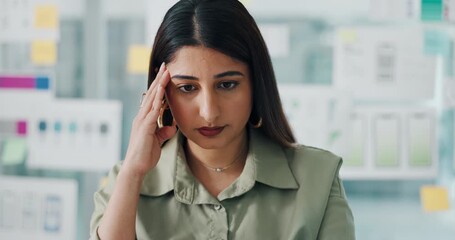 Burnout, fatigue and woman in office with work stress, problem and report error in data analytics agency. Tired, analyst and female person in workplace with tech issue, mistake and review feedback. - Powered by Adobe