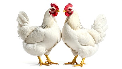 Fototapeta premium Two chickens in full view, facing each other. Feathers are white with touches of gray, red combs, and yellow legs