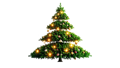 Surreal Christmas tree, beautifully decorated, with glowing ornaments, isolated on transparent background