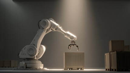 Modern robotic arm expertly lifts wooden crate in automated warehouse, showcasing precision engineering and future of logistics with advanced technology