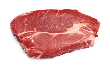 Piece of raw beef meat isolated on white, above view