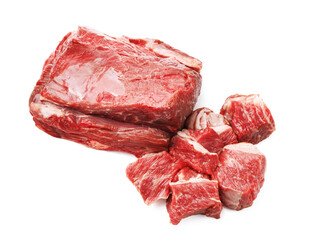 Pieces of raw beef meat isolated on white
