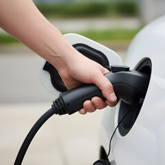 Hand plugging a charging cable into an electric car