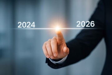 Business Professional Indicating Future Years 2024 and 2026 with Finger on Timeline for Planning and Strategy