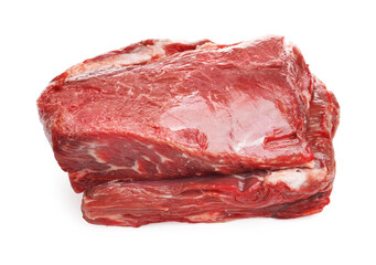 Piece of raw beef meat isolated on white, above view