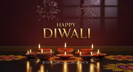 Diwali celebration display with lit diyas and fireworks against a dark red background, with "Happy Diwali" text.