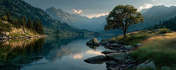 romantic summer landscape with river and mountains