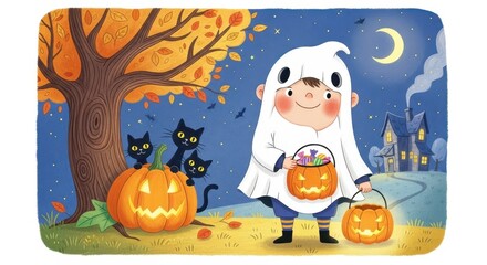 Cute ghost child trick or treating with black cats and pumpkins on Halloween night.