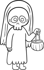 illustration halloween child wearing  costume hand drawn outline concept