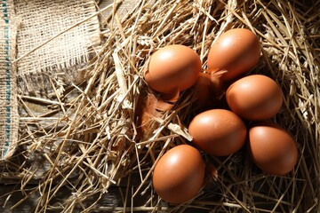Raw chicken eggs, feathers and straw on wooden table, flat lay. Space for text