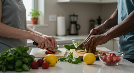 Two people preparing fresh vegetables and fruits in modern kitchen  