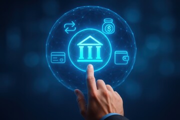 Digital Banking Concept with Hand Touching Virtual Banking Icon in Blue Background Technology Theme