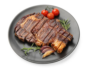 Delicious grilled beef steak with rosemary, onion and tomatoes isolated on white