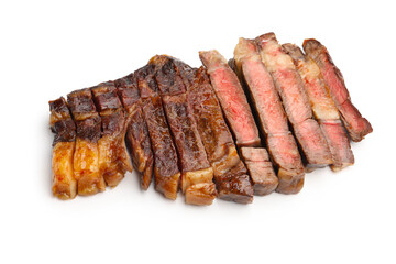 Pieces of delicious grilled beef steak isolated on white
