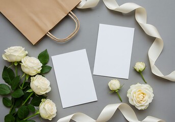 Elegant white roses and gift bag with blank cards and ribbon