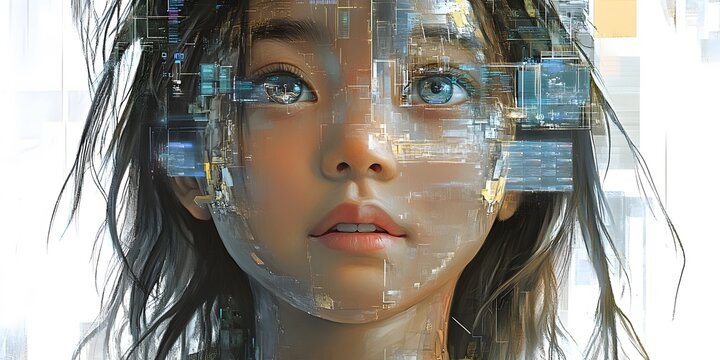Abstract AI generated digital portrait of a young woman with futuristic tech overlay - Powered by Adobe
