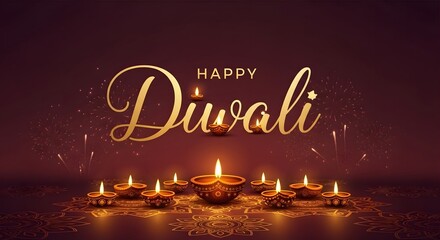 Festive Diwali greeting with illuminated oil lamps (diyas) and golden text on a dark background with sparkles.
