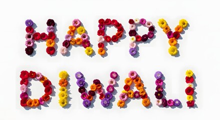 "Happy Diwali" spelled out with colorful flowers on a white background.