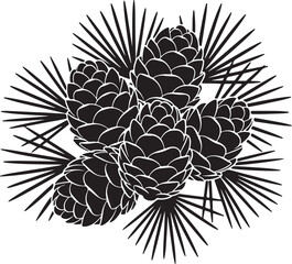 Bold black vector illustration of a cluster of pine cones surrounded by stylized needles, perfect for holiday, winter, and nature-themed designs.