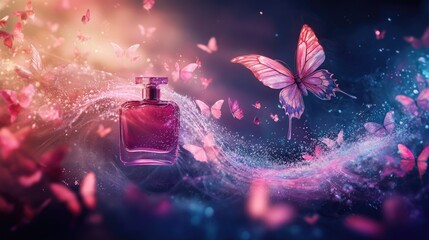 Surreal perfume ad with scent waves forming butterflies, vibrant magical realism 