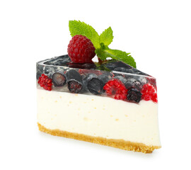 Piece of delicious cheesecake with berries and mint isolated on white