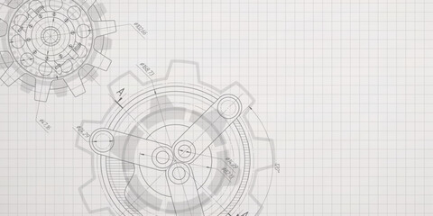 School education, study. Gears. Engineering industry. Technical drawing of gear .Technology background. Vector illustration.