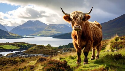 A majestic, long-haired Highland cow stands proudly on a lush hillside overlooking a serene loch and distant mountains under a cloudy sky