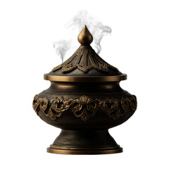 Bronze decorative urn with intricate detailing and a domed lid, isolated on white background