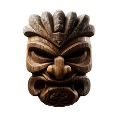 Carved wooden tiki mask isolated on a black background, on a transparent background